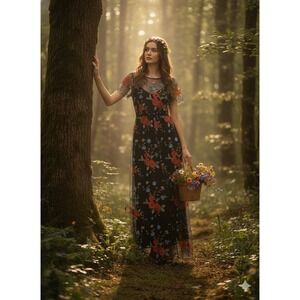 Black Mesh Floral Embroidered Maxi Dress Whimsygoth Boho Sheer Fairycore XS